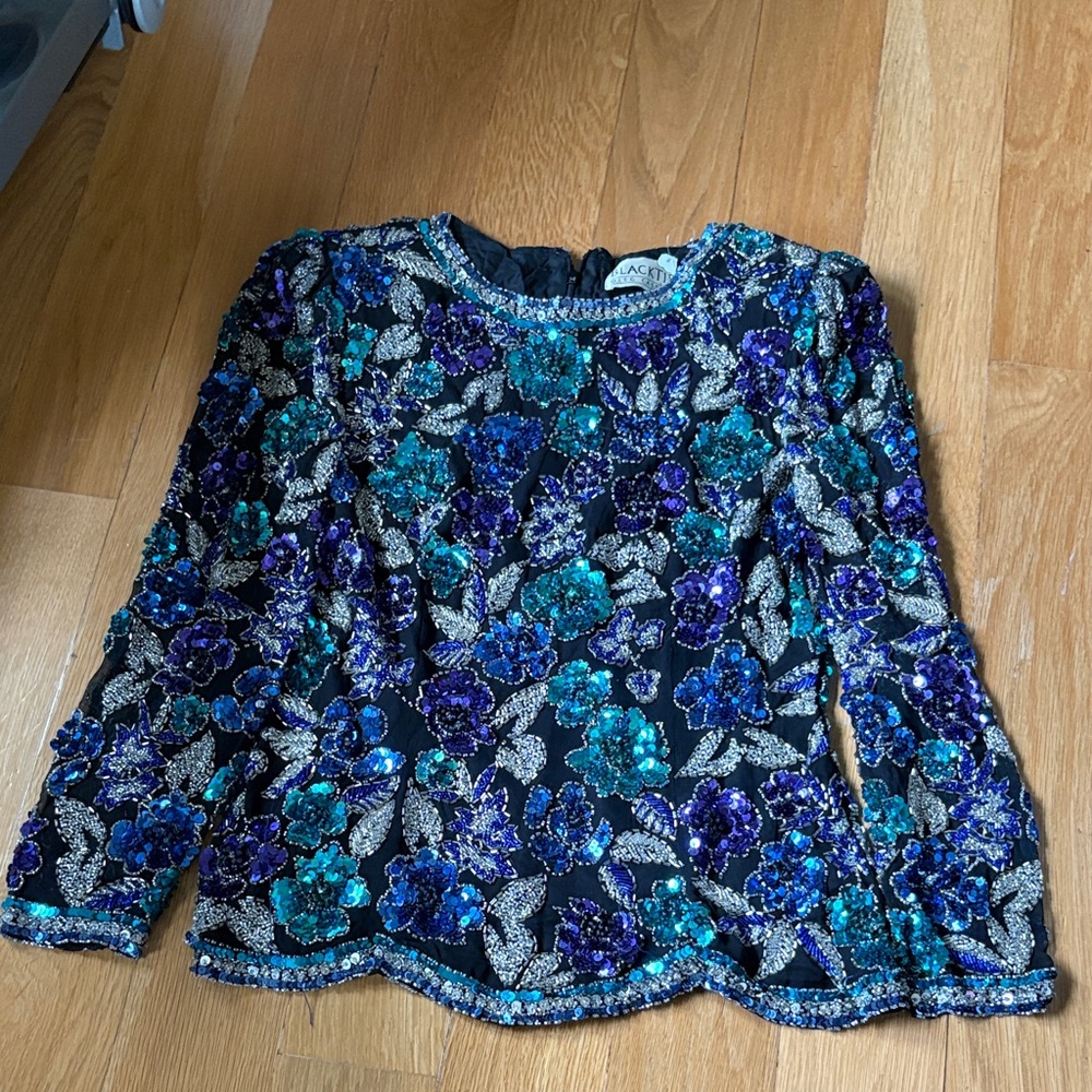 Oleg Cassini Black Tie Sequin Floral Long Sleeve Top with Blue & Teal Embroidery